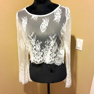 Fashion Wild Cat | Sheer Floral Lace, Bell Sleeve Crop